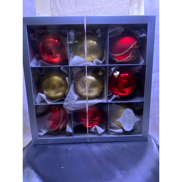 Set of Nine (9), Vitbis Glass Christmas Ornaments 3 in. round, New In Box. - Picture 1 of 11
